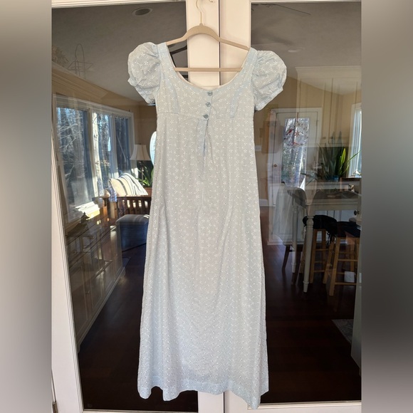 Jane Austin Period Light Blue Puff Sleeve Eyelet Dress - Picture 2 of 8